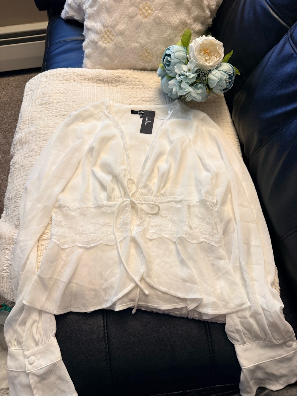 Lulu's White Lace-Trim Tie-Front Blouse